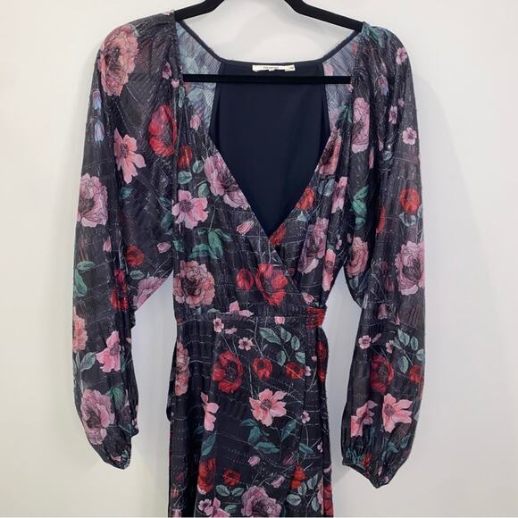 Revolve Tularosa Cora Wrap Dress Metallic Gown Black Purple Red Floral Small - Picture 6 of 11